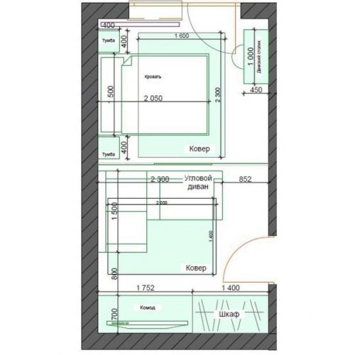 2 х - комнатная квартира с зонирование одной комнаты на гостиную - спальню (18 м. вторая комната - детская. 05