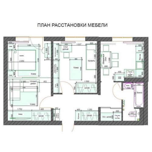 2 х - комнатная квартира с зонирование одной комнаты на гостиную - спальню (18 м. вторая комната - детская. 09