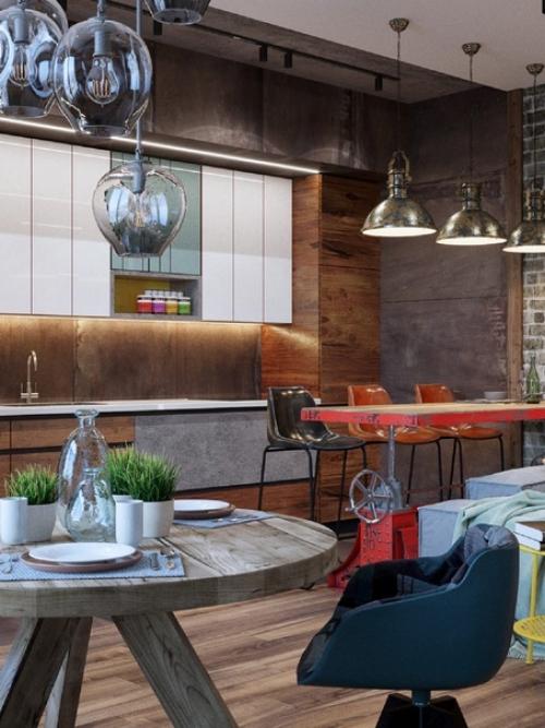 Интерьер кухни - гостиной в брутальном стиле. 01