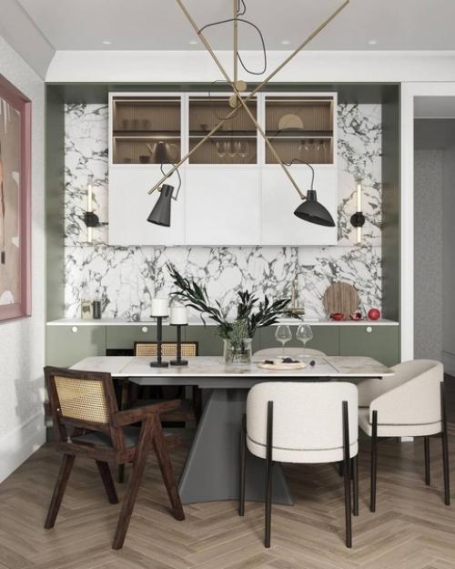 Артистичный, богемный интерьер кухни - гостиной в стиле авангардной классики, иронично обыгранной современностью. 04