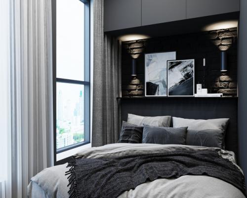 Проект квартиры - студии 30 м 2. прямоугольную комнату зонировали на кухню - гостиную и спальню перегородкой со стеклом. 05