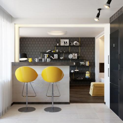 Интерьер кухни и прихожей в однокомнатной квартире, перепланированной в студию. 04