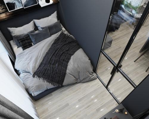 Проект квартиры - студии 30 м 2. прямоугольную комнату зонировали на кухню - гостиную и спальню перегородкой со стеклом. 07