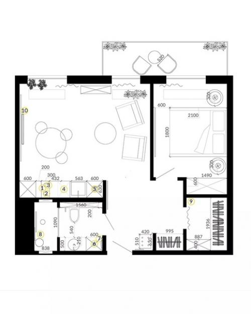 Цветной интерьер 1-комнатной квартиры 45 кв. 09