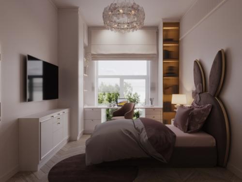 Интерьер детской комнаты выполнен в светлых тонах, создавая атмосферу уюта и спокойствия. 01