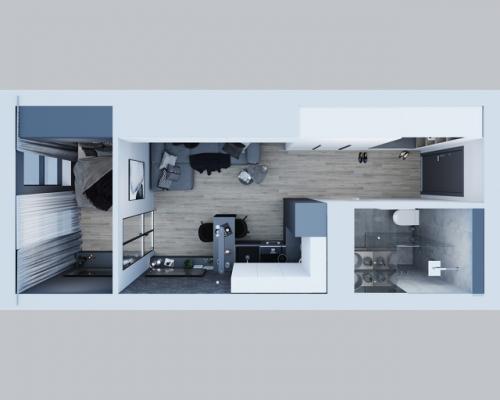 Проект квартиры - студии 30 м 2. прямоугольную комнату зонировали на кухню - гостиную и спальню перегородкой со стеклом. 09