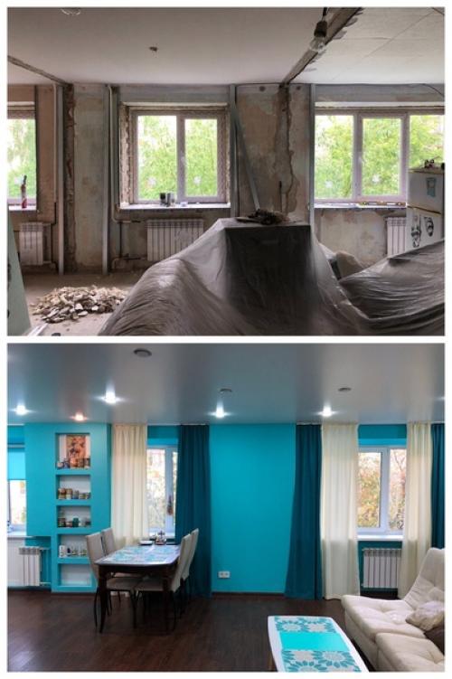 Было/стало.  Из 4-х комнатной (брежневки) получилась студия + 2 спальни. 04