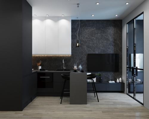 Проект квартиры - студии 30 м 2. прямоугольную комнату зонировали на кухню - гостиную и спальню перегородкой со стеклом. 02