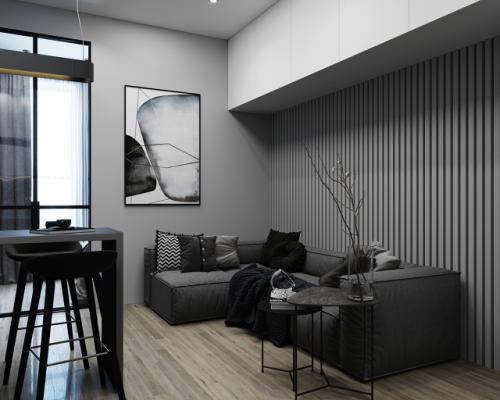 Проект квартиры - студии 30 м 2. прямоугольную комнату зонировали на кухню - гостиную и спальню перегородкой со стеклом. 01