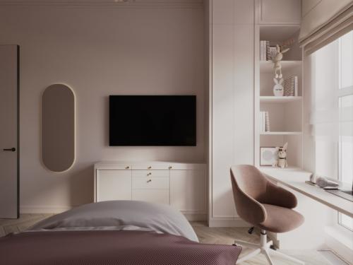 Интерьер детской комнаты выполнен в светлых тонах, создавая атмосферу уюта и спокойствия. 02