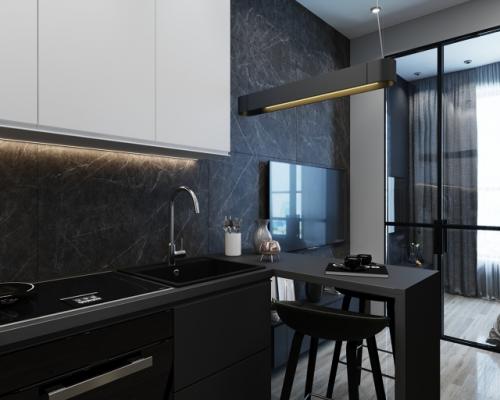 Проект квартиры - студии 30 м 2. прямоугольную комнату зонировали на кухню - гостиную и спальню перегородкой со стеклом. 03