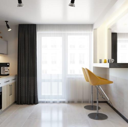 Интерьер кухни и прихожей в однокомнатной квартире, перепланированной в студию. 02