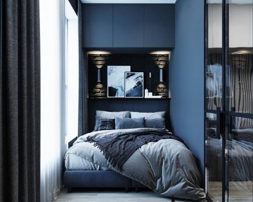 Проект квартиры - студии 30 м 2. прямоугольную комнату зонировали на кухню - гостиную и спальню перегородкой со стеклом. 04