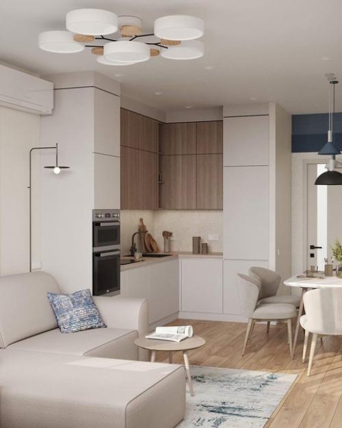 Интерьер кухни - гостиной в спокойных приятных тонах. 01