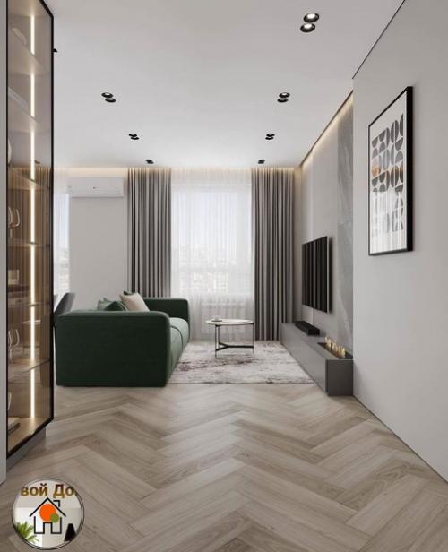 Интерьер прихожей и кухни - гостиной в нескольких вариантах освещения. 08