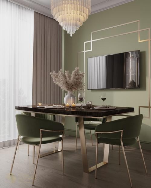 Очень красивый, элегантный интерьер кухни - столовой и гостиной в неоклассическом стиле. 05