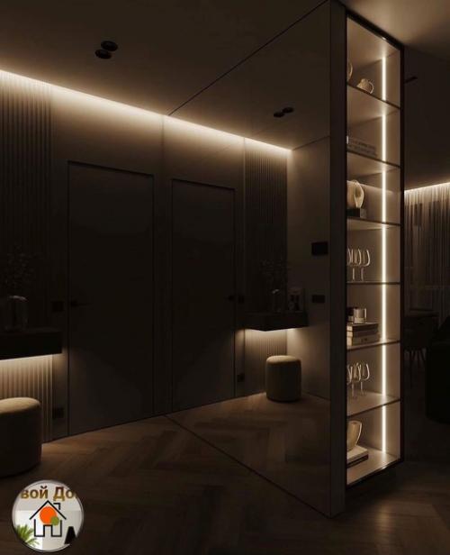 Интерьер прихожей и кухни - гостиной в нескольких вариантах освещения. 01