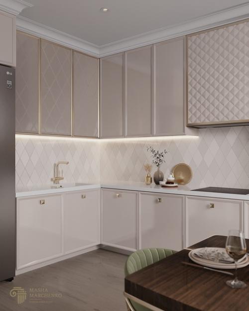 Очень красивый, элегантный интерьер кухни - столовой и гостиной в неоклассическом стиле. 02