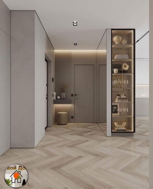 Интерьер прихожей и кухни - гостиной в нескольких вариантах освещения. 02