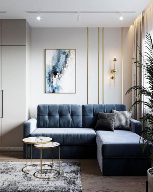 Кухня - гостиная.  Крутое сочетание цветов и мебели, удачным дополнением данного интерьера стал диван в синем цвете. 09