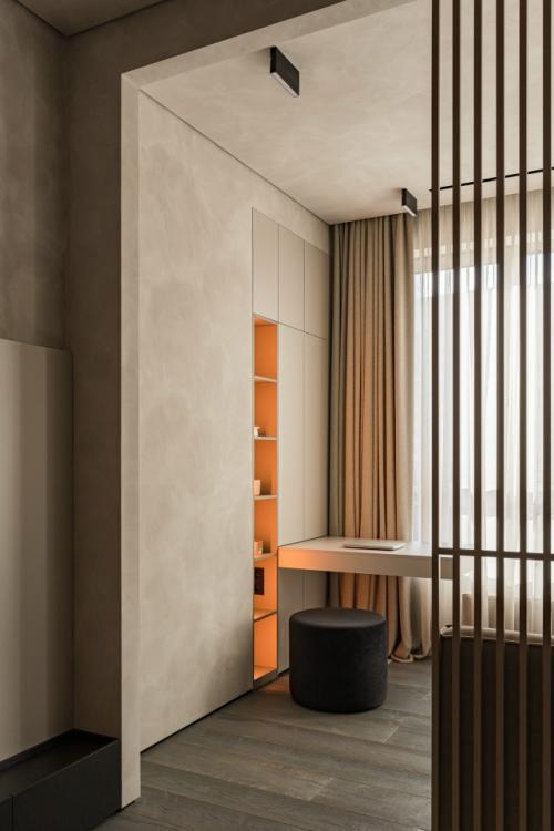 Интерьер построенный на контрастах: светлые поверхности и глубокие акценты, мягкие линии и чёткая геометрия света. 05