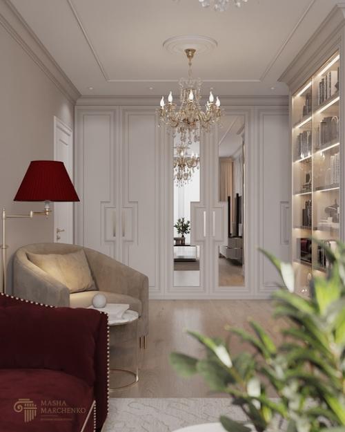 Очень красивый, элегантный интерьер кухни - столовой и гостиной в неоклассическом стиле. 07