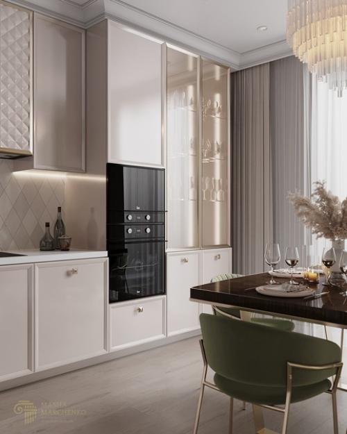 Очень красивый, элегантный интерьер кухни - столовой и гостиной в неоклассическом стиле. 01