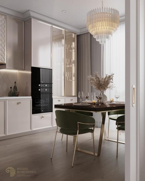 Очень красивый, элегантный интерьер кухни - столовой и гостиной в неоклассическом стиле. 06