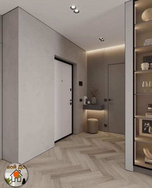 Интерьер прихожей и кухни - гостиной в нескольких вариантах освещения. 03