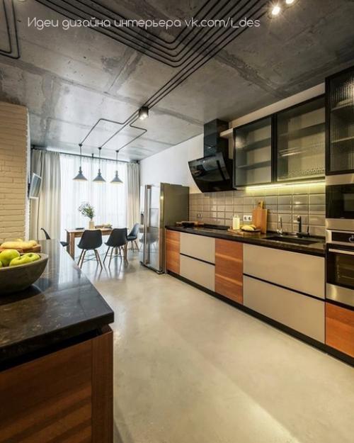 Интерьер кухни с гостиной в стиле лофт. 02