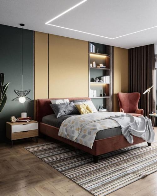 Спальня.  Сочетание трёх цветов в спальне. 01