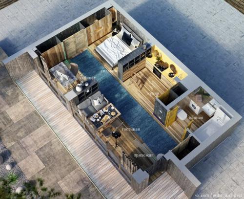 Готова визуализация интерьера маленького гостевого дома, внешний объем которого выкладывался постом ранее. 09