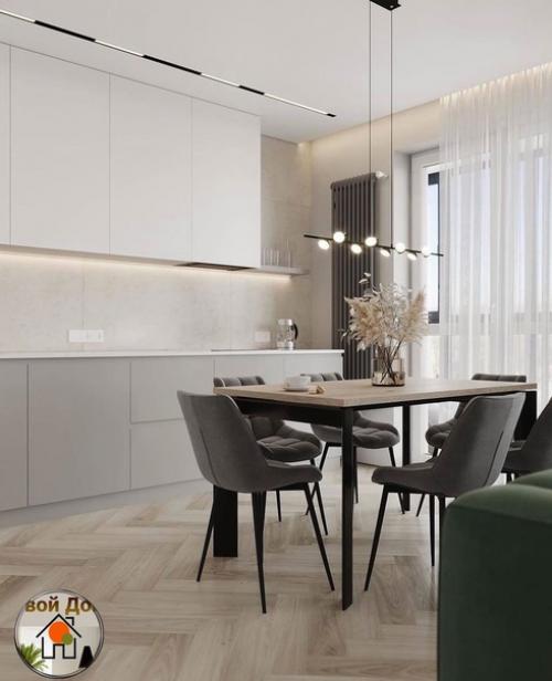 Интерьер прихожей и кухни - гостиной в нескольких вариантах освещения. 05