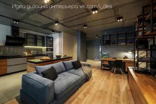 Интерьер кухни с гостиной в стиле лофт. 01