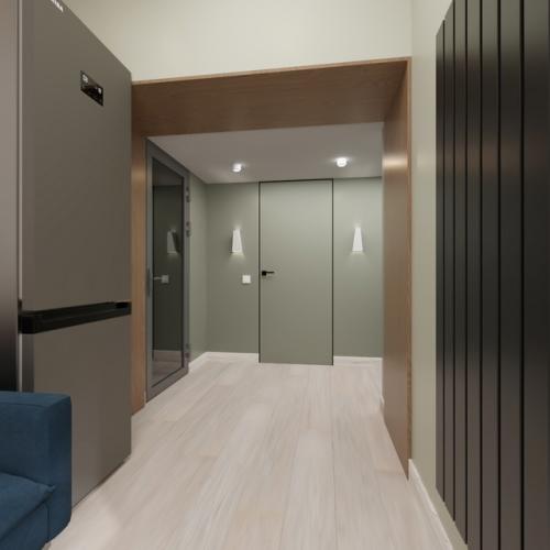 Кухня - гостиная из дизайн - проекта нестандартной квартиры под сдачу. 04