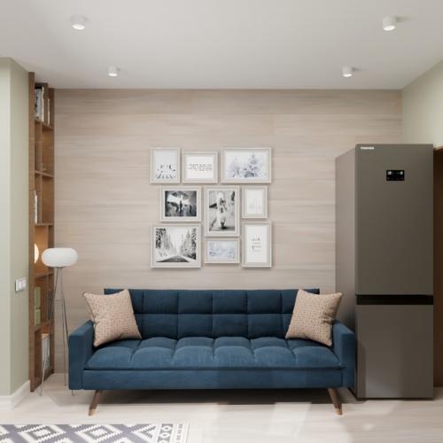 Кухня - гостиная из дизайн - проекта нестандартной квартиры под сдачу. 02