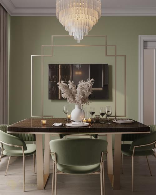 Очень красивый, элегантный интерьер кухни - столовой и гостиной в неоклассическом стиле. 04