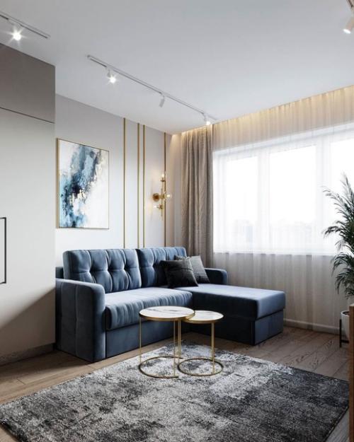 Кухня - гостиная.  Крутое сочетание цветов и мебели, удачным дополнением данного интерьера стал диван в синем цвете. 08