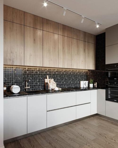 Кухня - гостиная.  Крутое сочетание цветов и мебели, удачным дополнением данного интерьера стал диван в синем цвете. 03