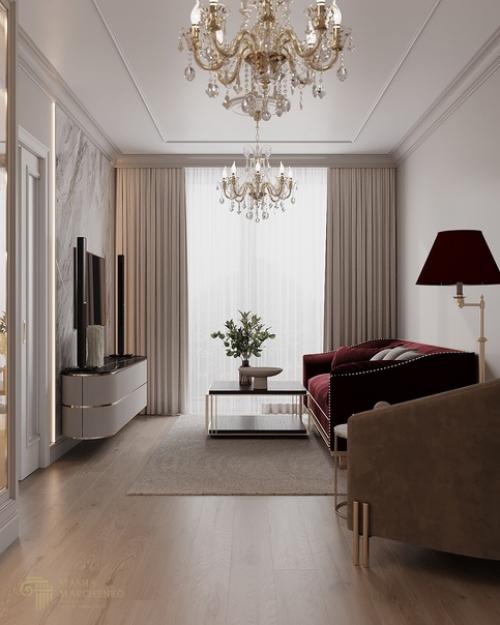 Очень красивый, элегантный интерьер кухни - столовой и гостиной в неоклассическом стиле. 08