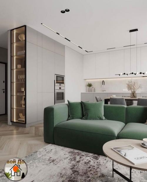 Интерьер прихожей и кухни - гостиной в нескольких вариантах освещения. 04