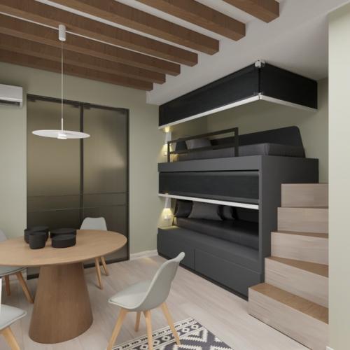 Кухня - гостиная из дизайн - проекта нестандартной квартиры под сдачу. 03