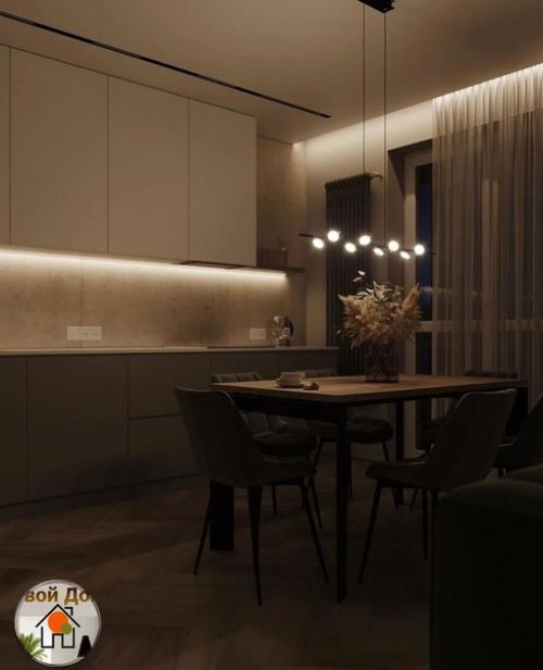 Интерьер прихожей и кухни - гостиной в нескольких вариантах освещения. 06