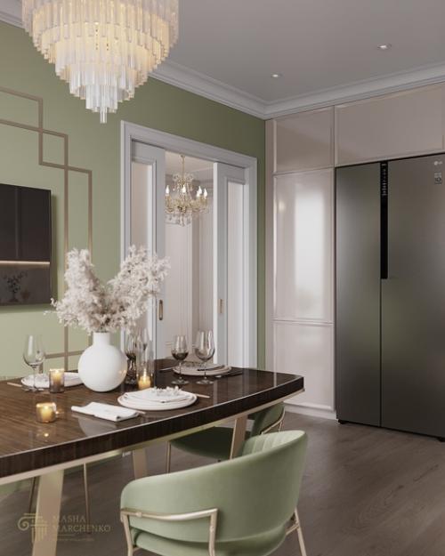 Очень красивый, элегантный интерьер кухни - столовой и гостиной в неоклассическом стиле. 03