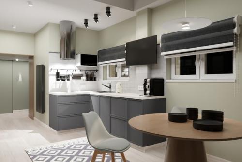 Кухня - гостиная из дизайн - проекта нестандартной квартиры под сдачу. 01