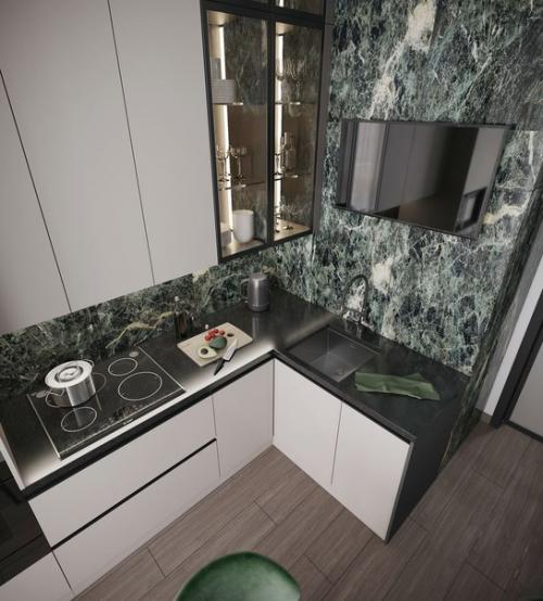 Современный, элегантный интерьер кухни площадью 9 кв. 03