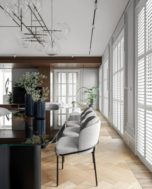 Проект современной кухни - гостиной, где дизайнер и заказчик отказались от штор и оформили окна шатерсами. 04