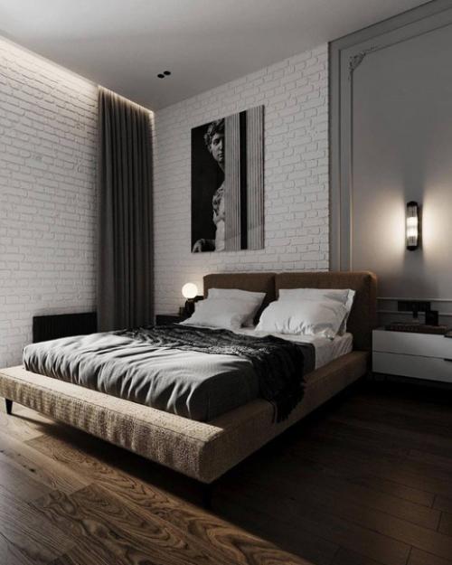 Стильная спальня без лишних деталей в монохромных тонах. 02