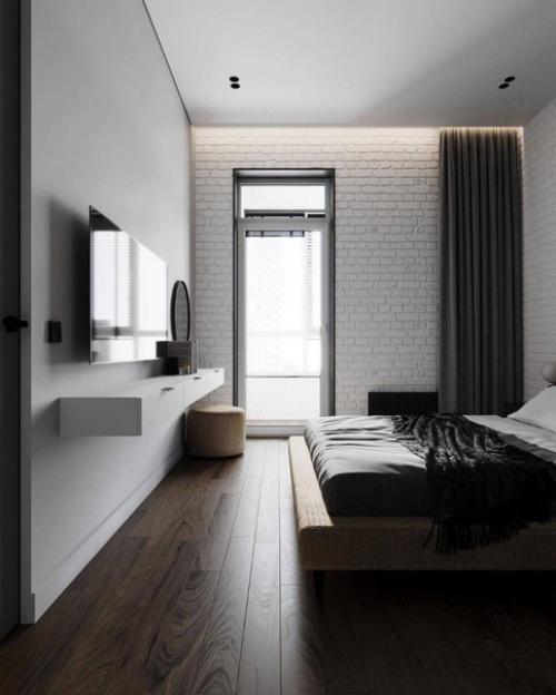 Стильная спальня без лишних деталей в монохромных тонах. 03