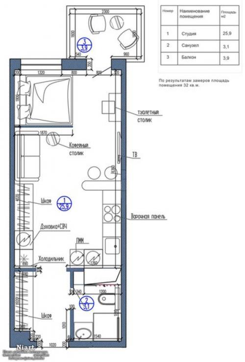 Дизайн прямоугольной студии 29 3, 9 кв. 09